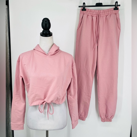 Pink Long Sleeve Hooded Crop Top and High Waist Joggers Pants Two Piece Set - Picture 9 of 17